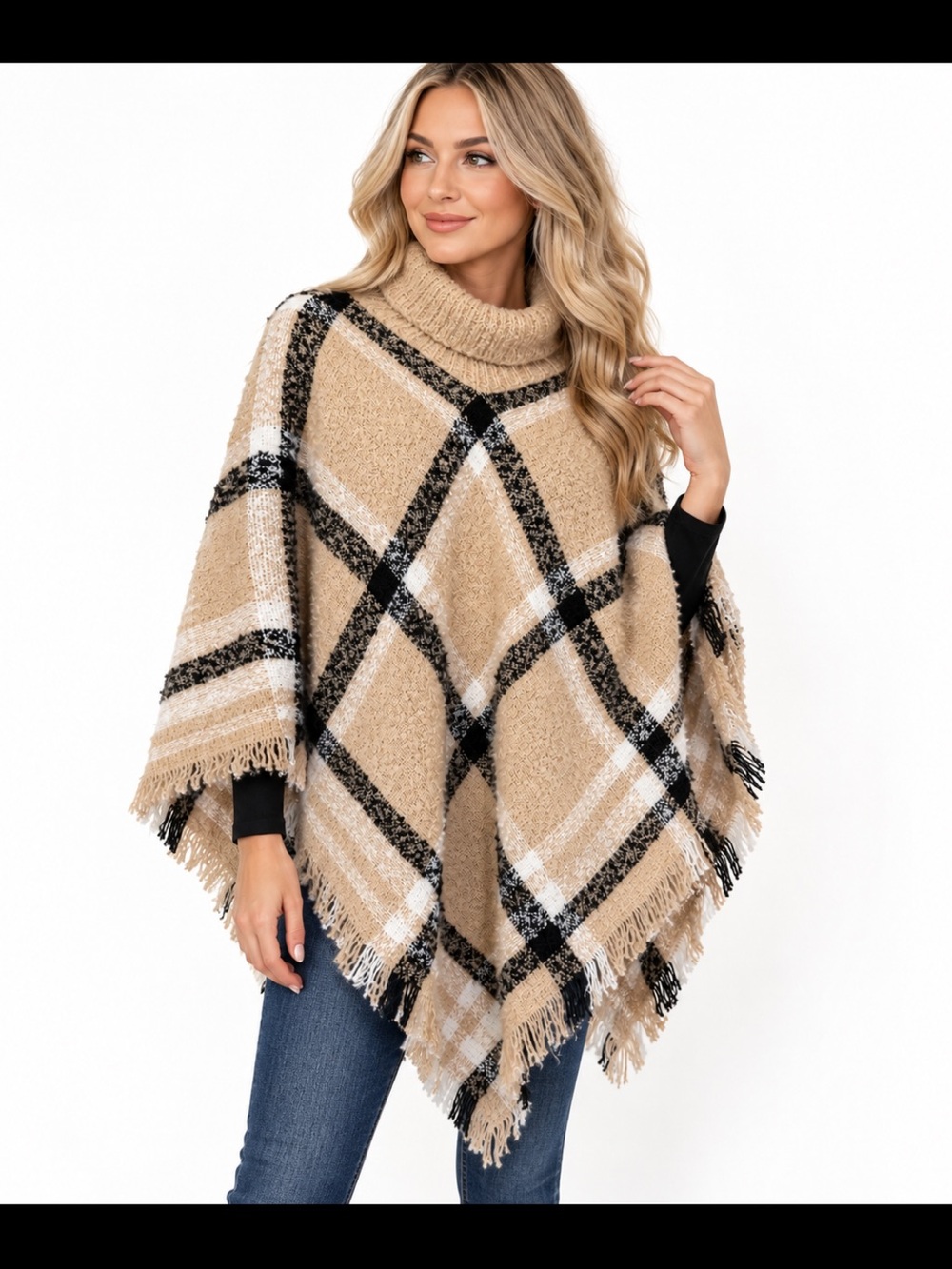 NWT Plaid Fringe Poncho Taupe Black Cream One Size Serra